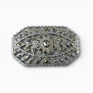 Antique German 800 Silver Marcasite Navette Brooch Edwardian Art Deco Openwork